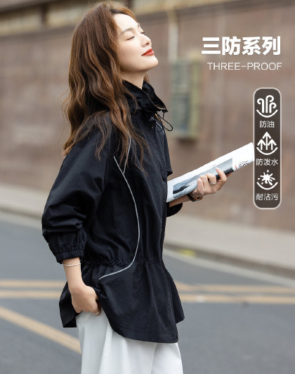 【黑科技三防】春季山系户外橡筋立领嵌条抽绳宽松风衣外套女高级
