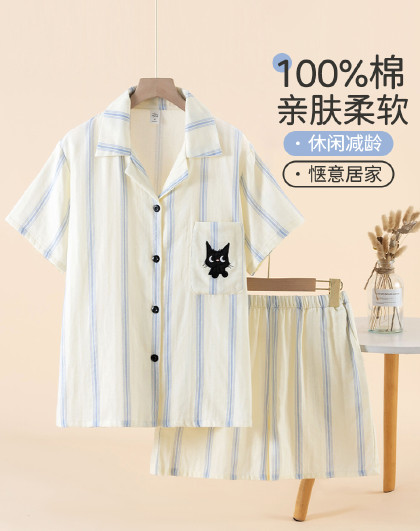 100%纯棉纱布睡衣女士夏季薄款日系可爱卡通风短袖短裤家居服