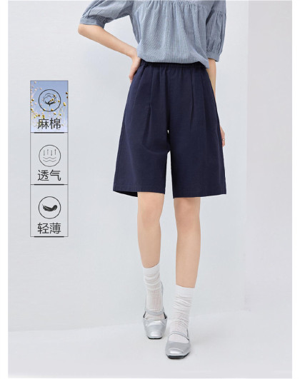 天然棉麻休闲裤女夏季压褶松紧腰梭织休闲日常百搭五分裤女士