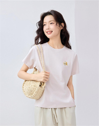 趣味蔬果刺绣女式T恤夏季纯棉针织T恤圆领短袖正肩休闲上衣女