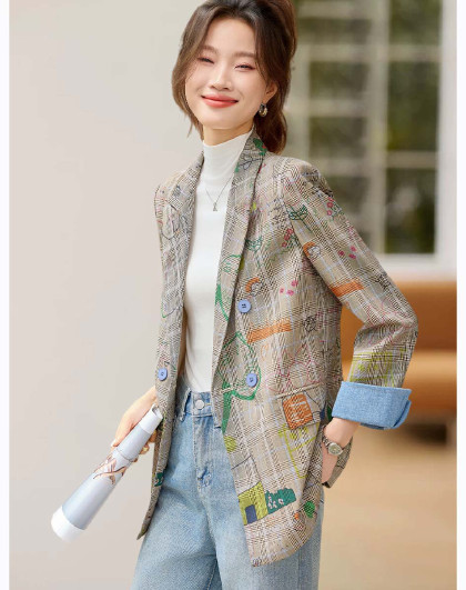 2026夏季戗驳领个性印花拼色双排扣西服外套女小众设计百搭