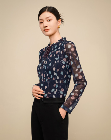 敦奴长袖衬衫木耳边系带领甜美温柔春季款日常衬衫上衣女