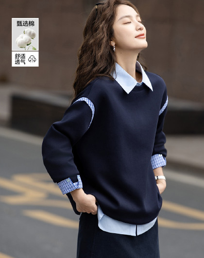 【云氧棉系列】秋季简约字母印花下摆拼接宽松显瘦卫衣女高级感