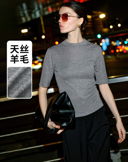 【天丝羊毛】26年新款知性优雅高级感女士纯色休闲T恤小衫