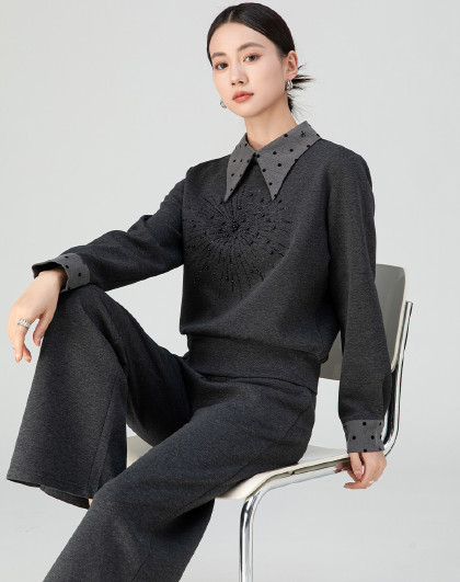 春秋季翻领时尚设计感显瘦韩版运动休闲阔腿卫衣女式套装两件套