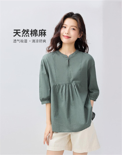 夏季女式衬衫天然棉麻衬衫女收褶文艺小立领中袖梭织女士衬衫