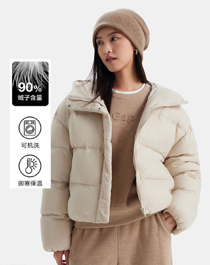 Gap女装冬款印花logo立领连帽羽绒服简约纯色外套619744