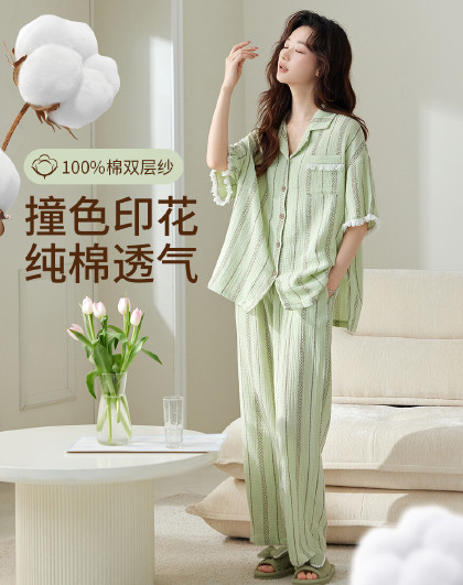【 100%棉】短袖睡衣女夏季高级感撞色家居服套装可外穿