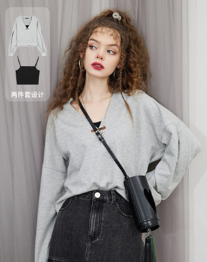【商场同款】春季款v领卫衣吊带两件套女甜酷短款上衣