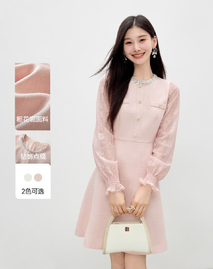 【2026年夏季新款】甜美蕾丝拼接圆领连衣裙优雅拉链收腰短裙