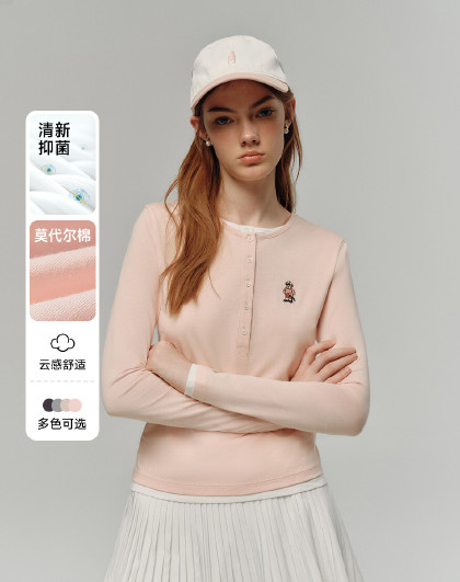 【抗菌】小熊女装长袖T恤夏款美式复古假两件打底衫套头上衣女