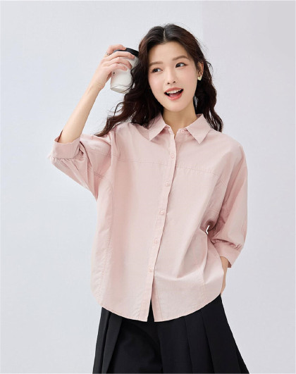 时尚百搭纯棉女式衬衫夏季府绸衬衫破骨连袖梭织中袖上衣女