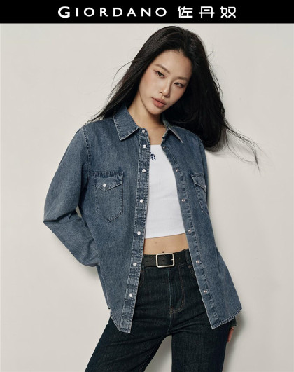 【韩国明星同款】春季纯棉双口袋长袖宽松时尚韩系牛仔衬衫女款