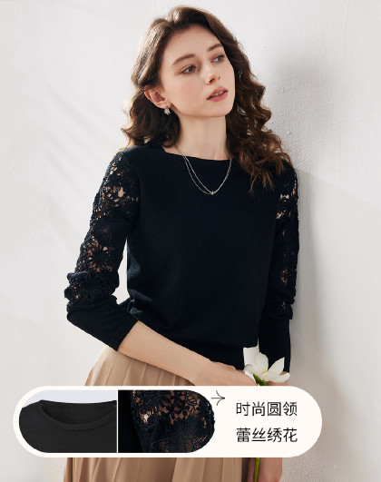 纯色百搭桑蚕丝蕾丝花边长袖T恤圆领女初夏季打底针织衫通勤上衣
