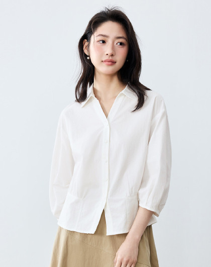 纯棉法式设计感收腰白衬衫女2026夏季气质V领显瘦通勤衬衣