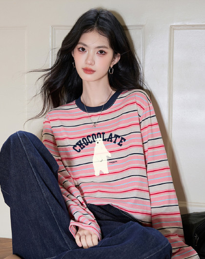 CHOCOOLATE小熊印花条纹撞色长袖t恤春秋款圆领女上衣