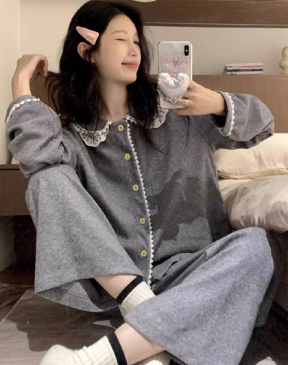 睡衣女春夏高级感可爱娃娃领甜美简约长袖两件套可外穿家居服套装