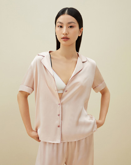 【100%桑蚕丝】真丝凉感素色缎面翻领短袖长裤套家居服睡衣女