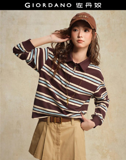 设计系列春季美式复古撞色条纹宽松长袖POLO衫女款