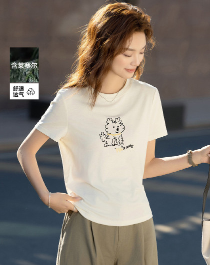 【含莱赛尔】夏季圆领小狗线条印花短袖高弹修身显瘦t恤女高级感
