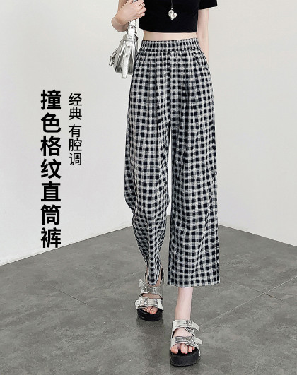 撞色格纹直筒休闲裤女夏季薄款高腰小个子时尚百搭格子九分裤