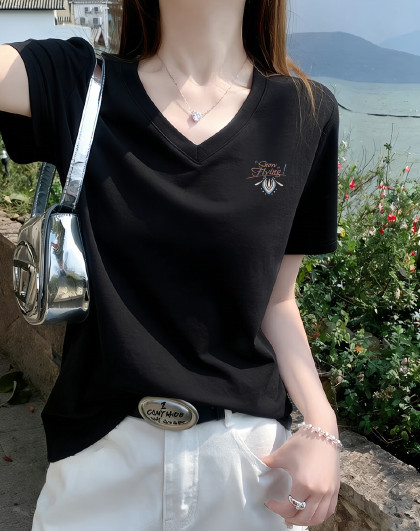 【凉感冰丝】正肩V领修身T恤女春夏潮流高级感可搭小裙子上衣女