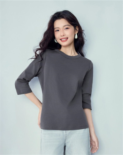 2026夏季女式T恤纯色简约风纯棉T圆领百搭针织七分袖T恤女