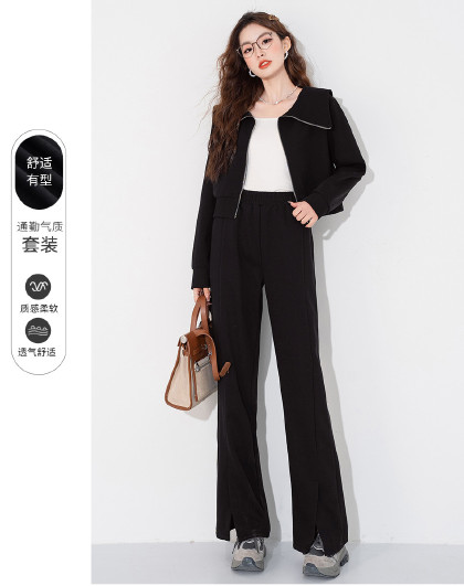 女春秋款时尚休闲舒适运动套装开衫外套搭阔腿裤两件套简约通勤风