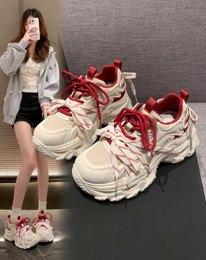 【秒高7cm】撞色跑步鞋运动鞋女双鞋带复古老爹鞋女休闲鞋女鞋