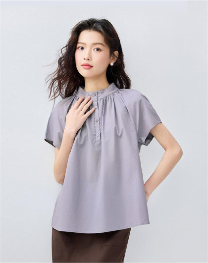 夏季纯棉府绸女式衬衫法式优雅压褶小立领插肩梭织短袖衬衫女