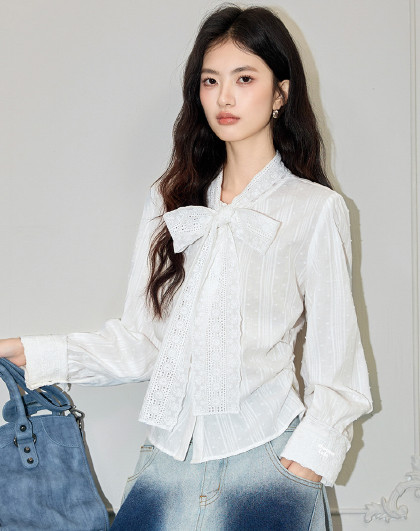 CHOCOOLATE法式甜美蝴蝶结系带长袖衬衫春秋款女式衬衣