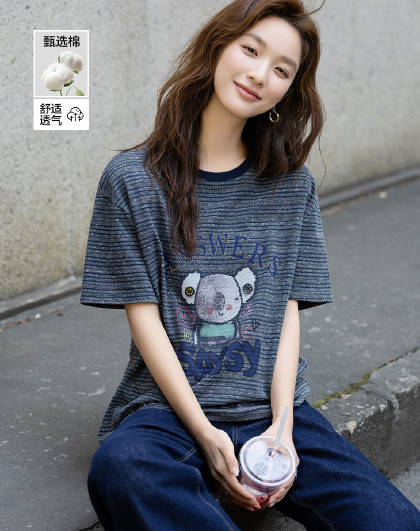 【可爱小考拉】夏季棉混纺撞色圆领条纹印花宽松显瘦t恤女高级感