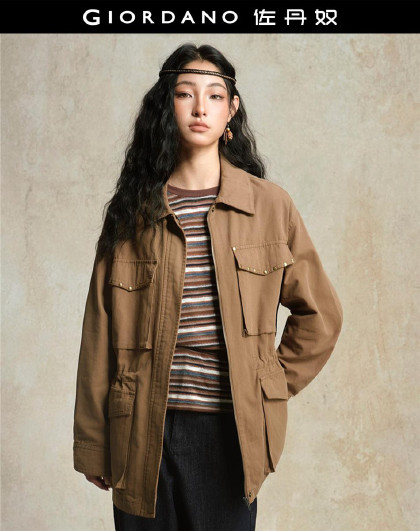 设计系列春季纯棉铆钉工装翻领中长款梭织风衣外套女款