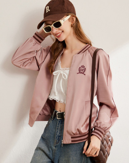 【撞色棒球服外套】春款时尚休闲插肩加持筋条绣花螺纹女式开衫