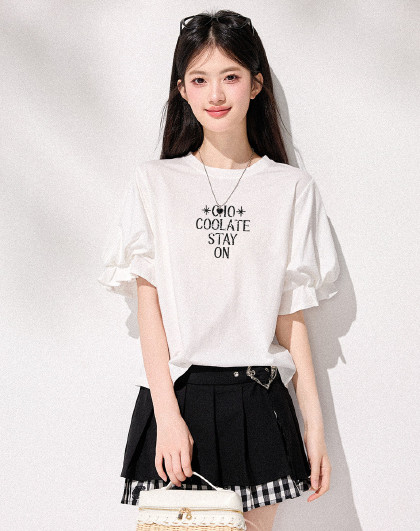 CHOCOOLATE泡泡袖设计感夏季短袖t恤高级感甜美女上衣