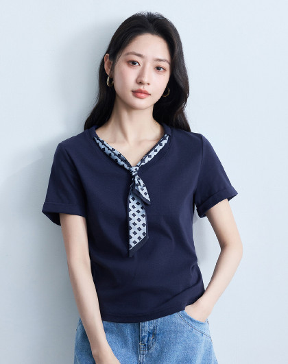 时尚格纹丝巾领短袖T恤女2026夏季百搭休闲抽褶修身显瘦上衣