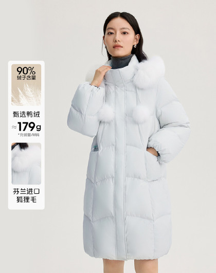【甜美系列】芬兰狐狸毛领羽绒服女长款连帽加厚鸭绒外套女