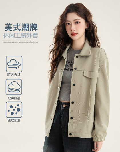 【针织夹克】春季女式宽松韩系复古休闲简约纯色百搭工装风翻领潮