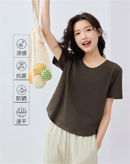 夏季凉感防晒女式T恤U型领弧形下摆纯色百搭休闲短袖T恤女款